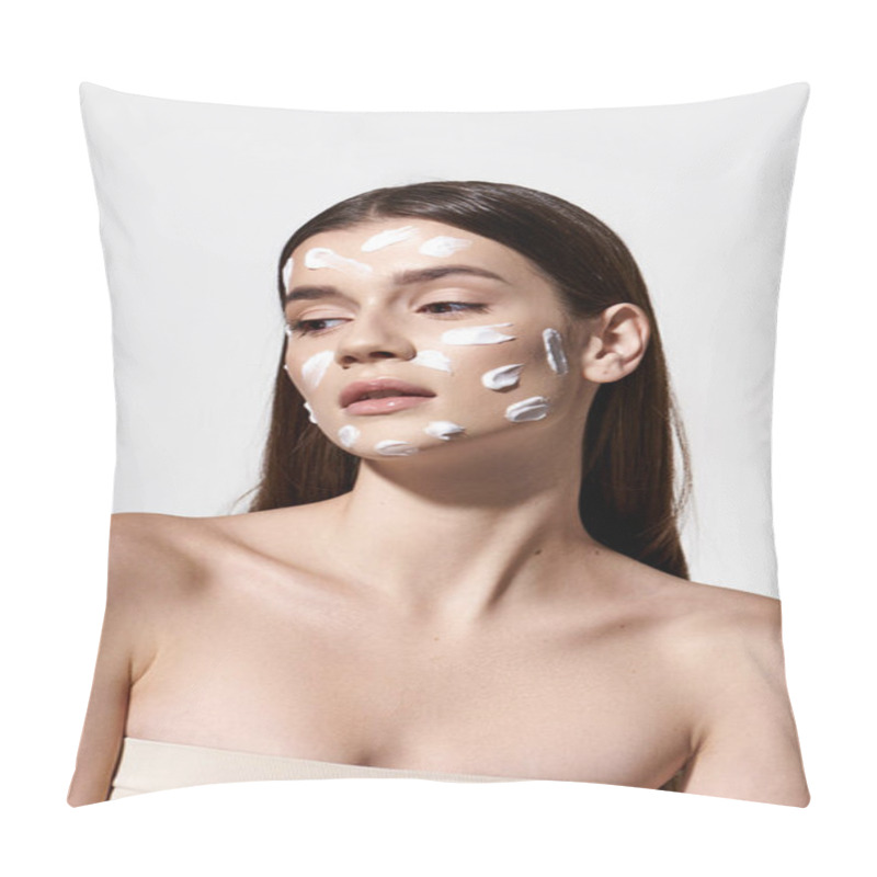 Personality  A beautiful young woman with a white cream on her face, showcasing flawless skin and timeless elegance. pillow covers