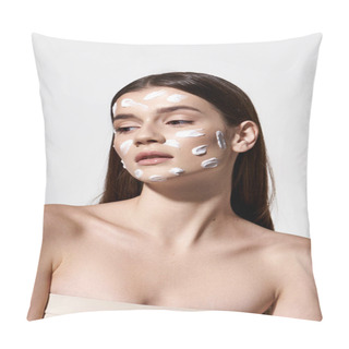 Personality  A Beautiful Young Woman With A White Cream On Her Face, Showcasing Flawless Skin And Timeless Elegance. Pillow Covers
