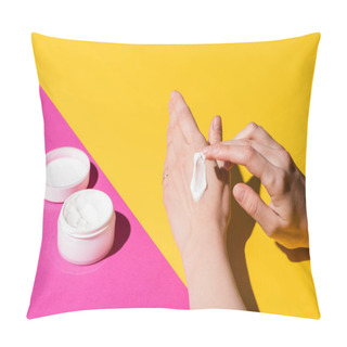 Personality  Partial Of Woman Applying Hand Cream On Pink And Yellow Pillow Covers