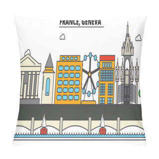 Personality  France, Geneva. City Skyline: Architecture, Buildings, Streets, Silhouette, Landscape, Panorama, Landmarks. Editable Strokes. Flat Design Line Vector Illustration Concept. Isolated Icons Set Pillow Covers