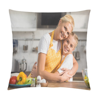 Personality  Happy Grandmother And Granddaughter In Aprons Hugging And Smiling At Camera While Cooking Together  Pillow Covers