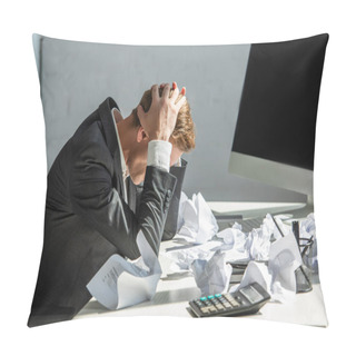 Personality  Stressed Businessman With Hands On Head, Sitting At Workplace With Crumbled Papers On Blurred Background Pillow Covers