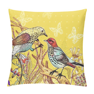 Personality  Vector Floral Illustration Of Two Forest Birds And Blooming Flowers Pillow Covers