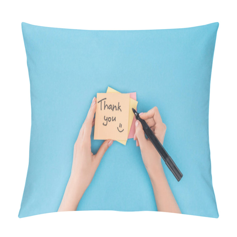 Personality  Cropped Person Holding Pen Above Colorful Sticky Notes With Thank You Lettering Isolated On Blue Background Pillow Covers