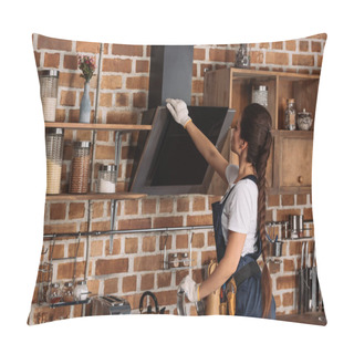 Personality  Young Repairwoman In Overall Touching Stove Hood At Kitchen Pillow Covers