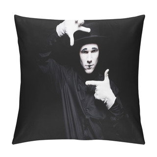 Personality  Mime Pretending Photographing Isolated On Black Pillow Covers