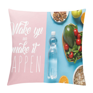 Personality  Top View Of Fresh Fruits, Crispbread And Breakfast Cereal On Blue And Pink Background With Wake Up And Make It Happen Lettering Pillow Covers