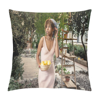 Personality  Young African American Woman In Summer Outfit And Headscarf Holding Basket With Fresh Lemons And Standing In Indoor Garden At Background, Fashion-forward Lady In Harmony With Tropical Flora Pillow Covers