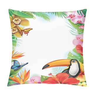 Personality  Frame With Tropical Flowers, Butterflies And Toucan Pillow Covers