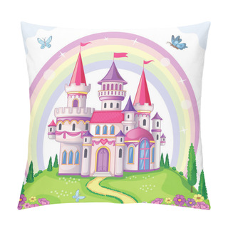 Personality  Fairy-tale Castle For Princess, Magic Kingdom. Vintage Palace And Beautiful Flower Meadow With Rainbow. Wonderland. Children Cartoon Illustration. Romantic Story. Vector.  Pillow Covers