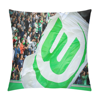 Personality  Wolfsburg, Germany, August 11, 2018: Large Flag Around The VfL Wolfsburg Fans During A Bundesliga Match At Volkswagen Arena In Wolfsburg. Photo By Michele Morrone. Pillow Covers