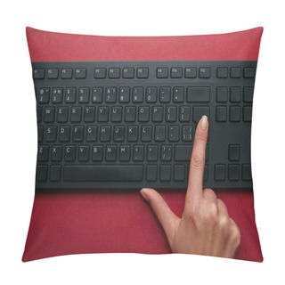 Personality  Top View Of Woman Pushing Button On Black Computer Keyboard On Red Background  Pillow Covers
