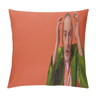Personality  Dazed Senior Man With Grey Hair, Beard And Bulging Eyes Holding Hands Near Head And Looking At Camera On Red Orange Background, Trendy Green Velour Blazer, Personal Style, Banner With Copy Space Pillow Covers