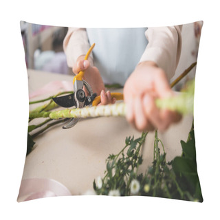 Personality  Close Up View Of Florist With Secateurs Cutting Stalk Of Plant Near Chrysanthemums On Desk On Blurred Foreground Pillow Covers