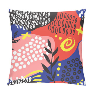 Personality  The Seamless Colorful Pattern With Black And White Lines, Spots, Dots, Leaves And Other Elements. Brush Strokes Effect. Hand Drawn Abstract Background. Scandinavian Style. Vector Illustration Pillow Covers