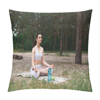Personality  Peaceful Young Woman In Sportswear Sitting In Lotus Pose And Meditating On Yoga Mat  Pillow Covers