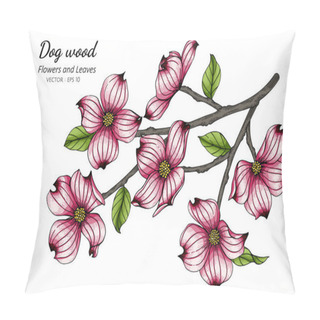 Personality  Pink Dogwood Flower And Leaf Drawing Illustration With Line Art On White Backgrounds. Pillow Covers
