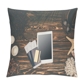 Personality  Top View Of Digital Tablet And Flight Tickets Surrounded With Various Tropical Travel Attributes On Wooden Surface Pillow Covers