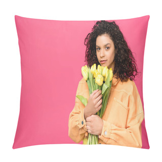 Personality  Attractive Curly African American Girl Holding Yellow Tulips Isolated On Crimson Pillow Covers