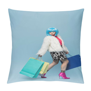 Personality  Stylish Asian Woman In Pop Art Style Holding Shopping Bags On Blue Background  Pillow Covers