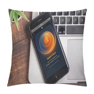Personality  Antalya / Turkey - October 06, 2020: Hands Holding IPhone With Apple Event Logo 2020 On The Screen. Pillow Covers