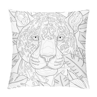 Personality  Leopard Among Tropical Leaves. Animal.Coloring Book Antistress For Children And Adults. Illustration Isolated On White Background.Black And White Drawing.Zen-tangle Style. Pillow Covers