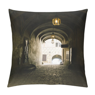 Personality  Narrow Dark Street Illuminated By Street Lamps. Stone Pavement In The Old Town Cesky Krumlov, Czech Republic Pillow Covers