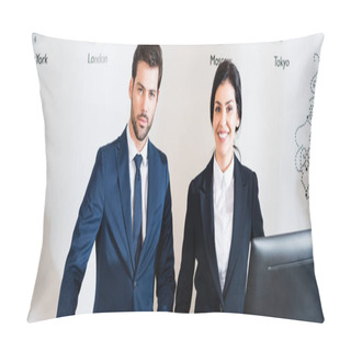 Personality  Panoramic Shot Of Cheerful Woman Near Serious Man In Suit  Pillow Covers