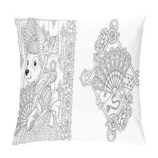 Personality  Coloring Pages. Chihuahua Dog Girl In Vintage Dress. Paper Fan With Peony Flowers. Line Art Design For Adult Colouring Book With Doodle And Zentangle Elements. Vector Illustration. Pillow Covers