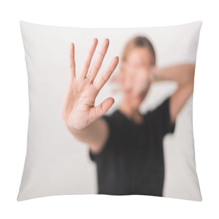 Personality  Selective Focus Of Woman Showing Stop Gesture Isolated On White  Pillow Covers