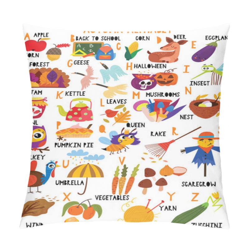 Personality  Stylish autumn alphabet in vector. Lovely animals and items. Best abc-poster in a colorful style for children education and language study. pillow covers