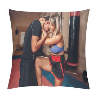 Personality  Female Person On Self Defense Workout With Male Personal Trainer, Gym Interior On Background. Woman Practicing A Knee Kick To The Stomach On Training, Self-defense Practice Pillow Covers