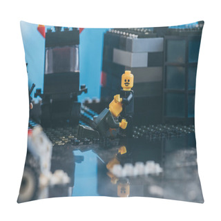 Personality  KYIV, UKRAINE - MARCH 15, 2019: Yellow Lego Figurine Kneeling In Front Of Other Minifigure With Moustache Pillow Covers