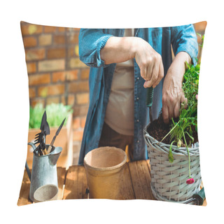 Personality  Cropped View Of Retired Woman Holding Shovel Near Flowerpot  Pillow Covers