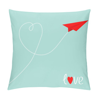 Personality  Red Origami Paper Plane. Dash Line Heart In The Blue Sky. Love Card. Heart Symbol. Happy Valentines Day. Cute Background. Isolated. Vector Illustration Pillow Covers