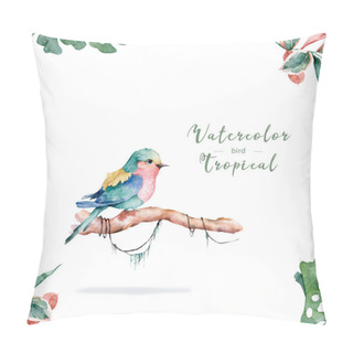 Personality  Beautiful Floral Exotic Illustration With Pink Bird, Tropical Leaves. Hand Drawn Watercolor Isolated On White Background Pillow Covers