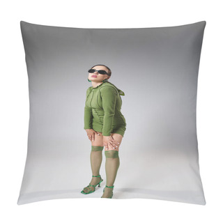 Personality  Pretty Woman In Green Mini Dress And Knee Socks, Wearing Black Eyewear On Grey Background Pillow Covers