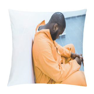 Personality  Sad African American Prisoner Sitting On Bench In Prison Cell Pillow Covers