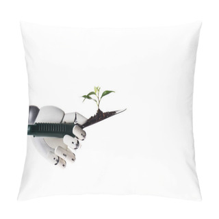 Personality  Robot Hand Holding Garden Shovel With Soil And Green Plant Isolated On White Pillow Covers