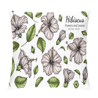 Personality  Set Of White Hibiscus Flower And Leaf Drawing Illustration With Line Art On White Backgrounds. Pillow Covers