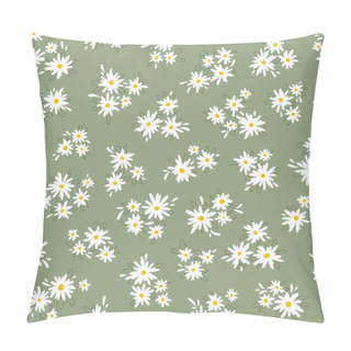 Personality  Chamomile Floral Mille Fleur Seamless Pattern On Green Background. Small Summer Flowers In Simple Scandinavian Cartoon Doodle Style Perfect For Textile, Wallpaper, Fabric Pillow Covers
