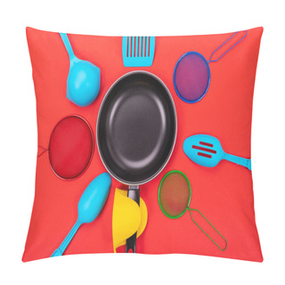Personality  Frying Pan In The Center With Cooking Utensils Around Isolated On Red Background Pillow Covers