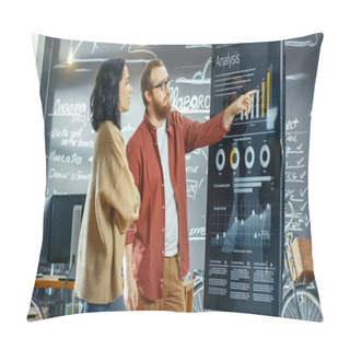 Personality  Female Developer And Male Statistician Use Interactive Whiteboard Presentation Touchscreen To Look At Charts, Graphs And Growth Statistics. They Work In The Stylish Creative Office. Pillow Covers