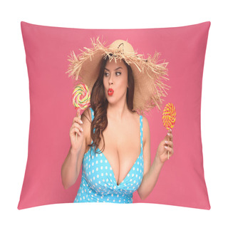 Personality  Doubtful Overweight Woman In Swimsuit Holding Candies Isolated On Pink Pillow Covers