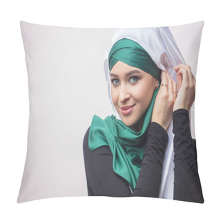 Personality  Close Up Portrait Od Beautiful Muslim Girl Showing How To Tie A Headscarf Pillow Covers