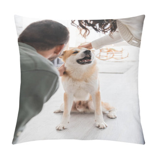 Personality  Back View Of Man And Cropped Woman Petting Akita Inu Dog Pillow Covers