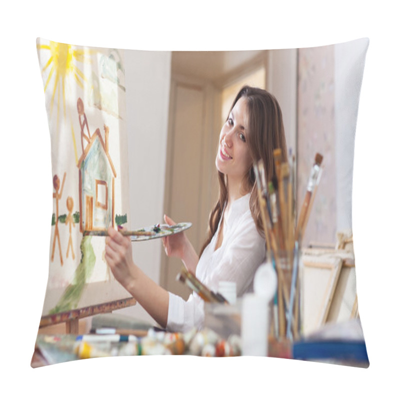 Personality  Happy  Woman Paints Home Of Dreams On Canvas  Pillow Covers