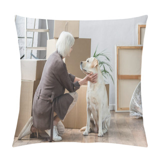 Personality  Senior Woman Petting Dog In New House With Cardboard Boxes On Background Pillow Covers