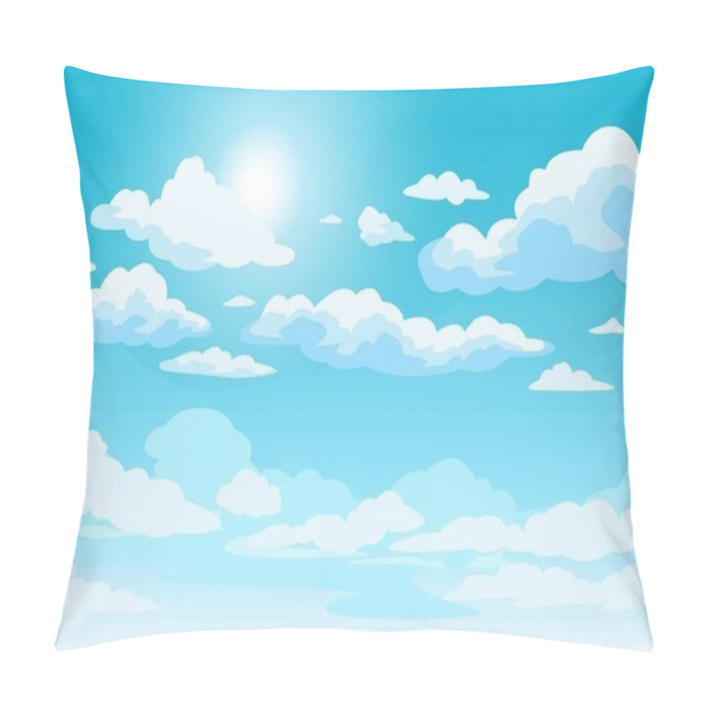 Personality  Blue sky with clouds. Anime style background with shining sun and white fluffy clouds. Sunny day sky scene cartoon vector illustration pillow covers