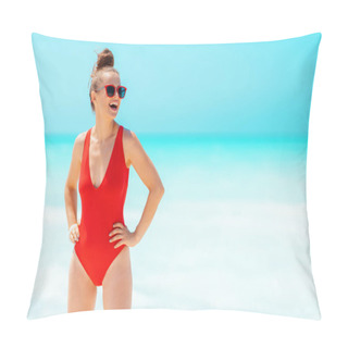 Personality  Happy Modern Woman In Red Swimwear And Glasses Looking Into Distance On Seacoast  Pillow Covers